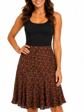 👚 Vintage Brown Boho Floral A-Line Midi Skirt Women's Flowy EUC Size Medium